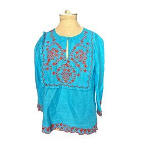 J.Crew Bright Blue with Red Embroidery Tunic Coverup Beach Linen Size Small